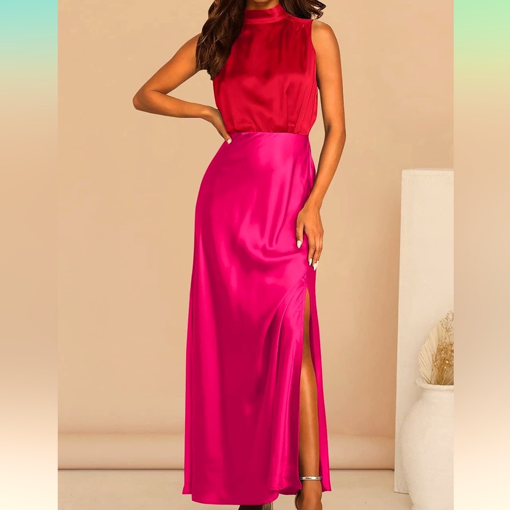 Red and Pink silky Midi dress 🩷❤️